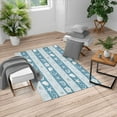 thumbnail image 1 of Nautical Turkish Area Rug, Marine Theme Sea Animals Fishes Shells on Striped Blue Background, Soft Carpet for Living Room Decor with Distressed Look, 4' X 5.7', Sea Blue, by Ambesonne, 1 of 4