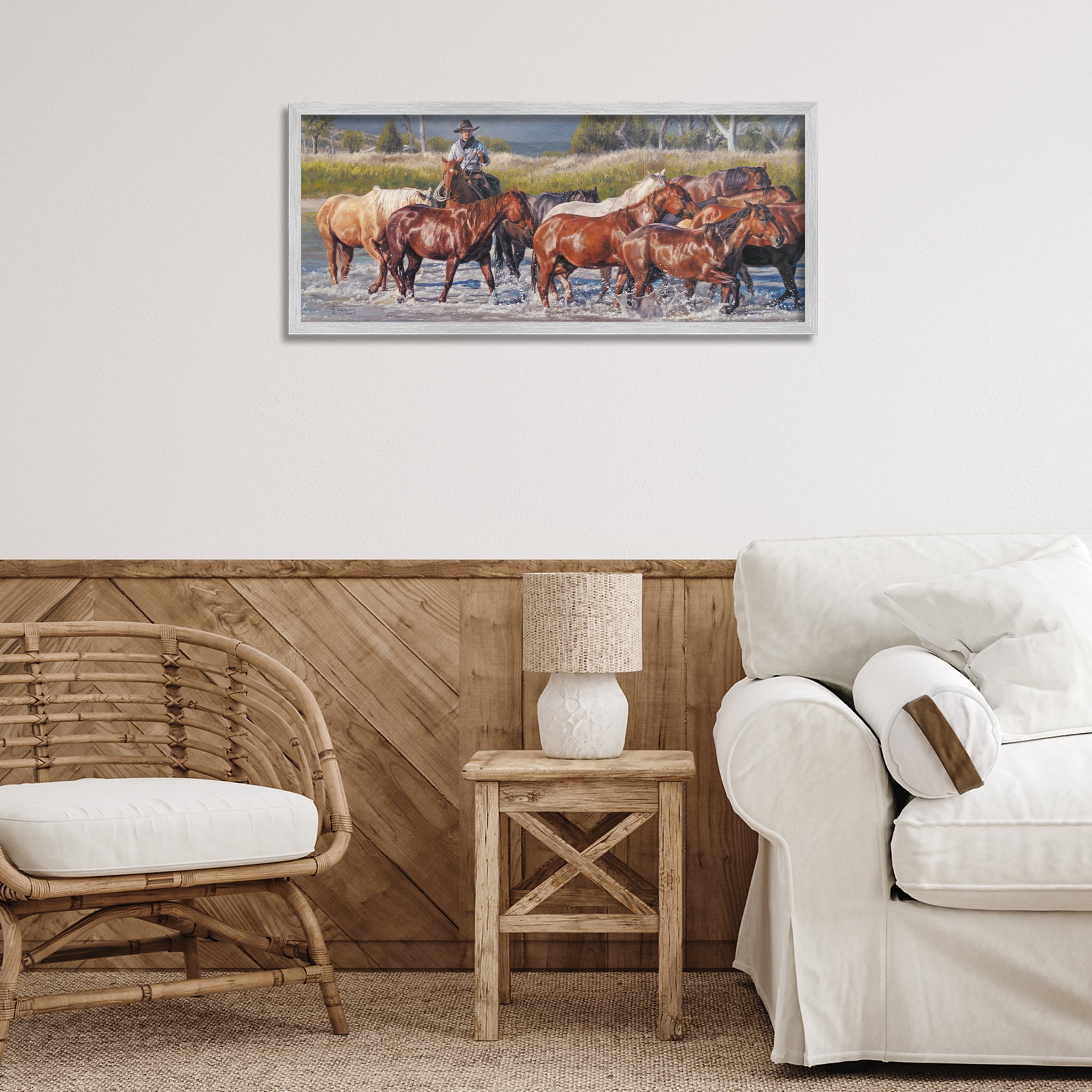 Stupell Industries Crossing The Remuda Animals & Insects Painting Gray Framed Art Print Wall Art, 30 x 13