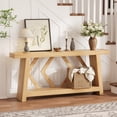thumbnail image 2 of 70.9 Inch All-Wood Console Table, Ultra-Stable Trapezoid Leg Sofa Table Behind Couch, 2-Tier Extra Long Entryway Table for Hallway, Living Room, Narrow Foyer, Oak, 2 of 7