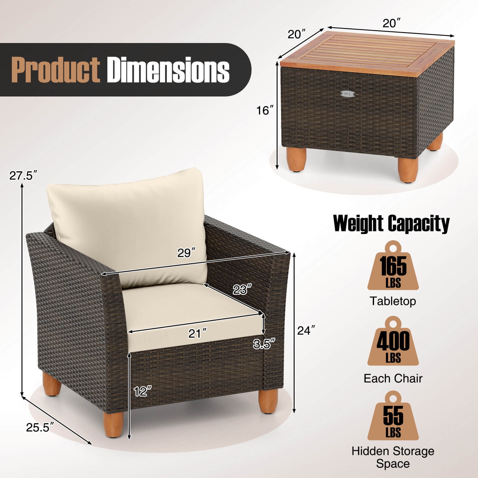 Costway 3 PCS Outdoor Patio Rattan Bistro Furniture Set Wooden Table Top Cushioned Sofa Beige