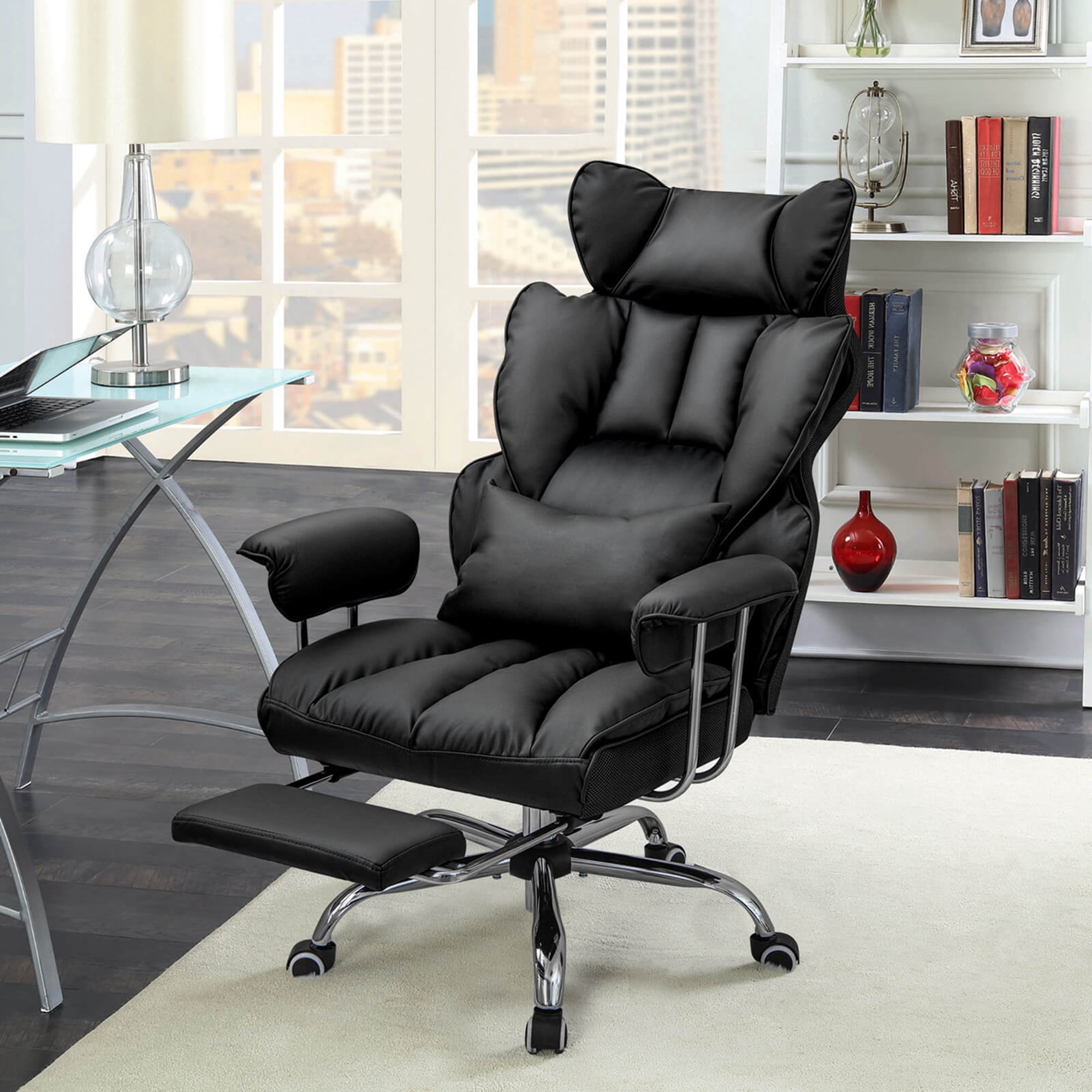 Costway Office Desk Chair Big and Tall Executive Office Chair with Footrest Lumbar Support Black