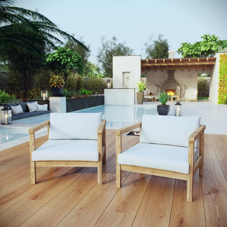 Lounge Chair Armchair Set, White Natural, Teak Wood, Fabric