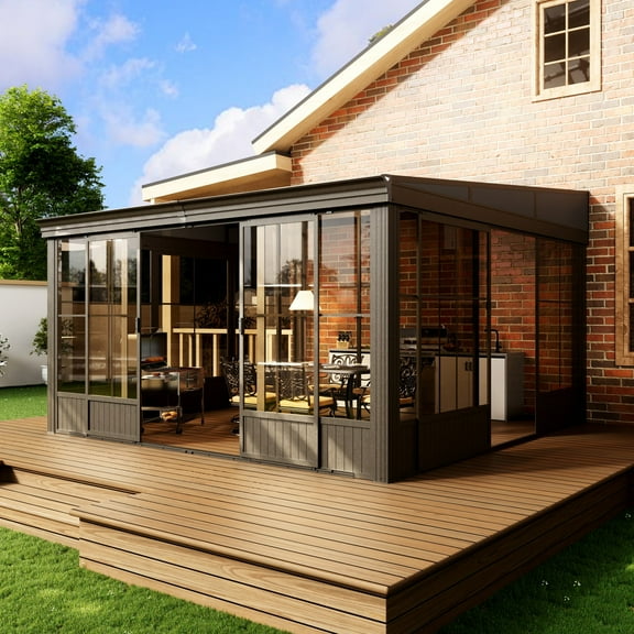 Mondawe 12'x14' All Season Sunroom, Wall Mounted Solarium with Aluminum Frame, Galvanized Steel Roof, Permanent Lean to Gazebo with Sliding Doors for Garden Patio Deck