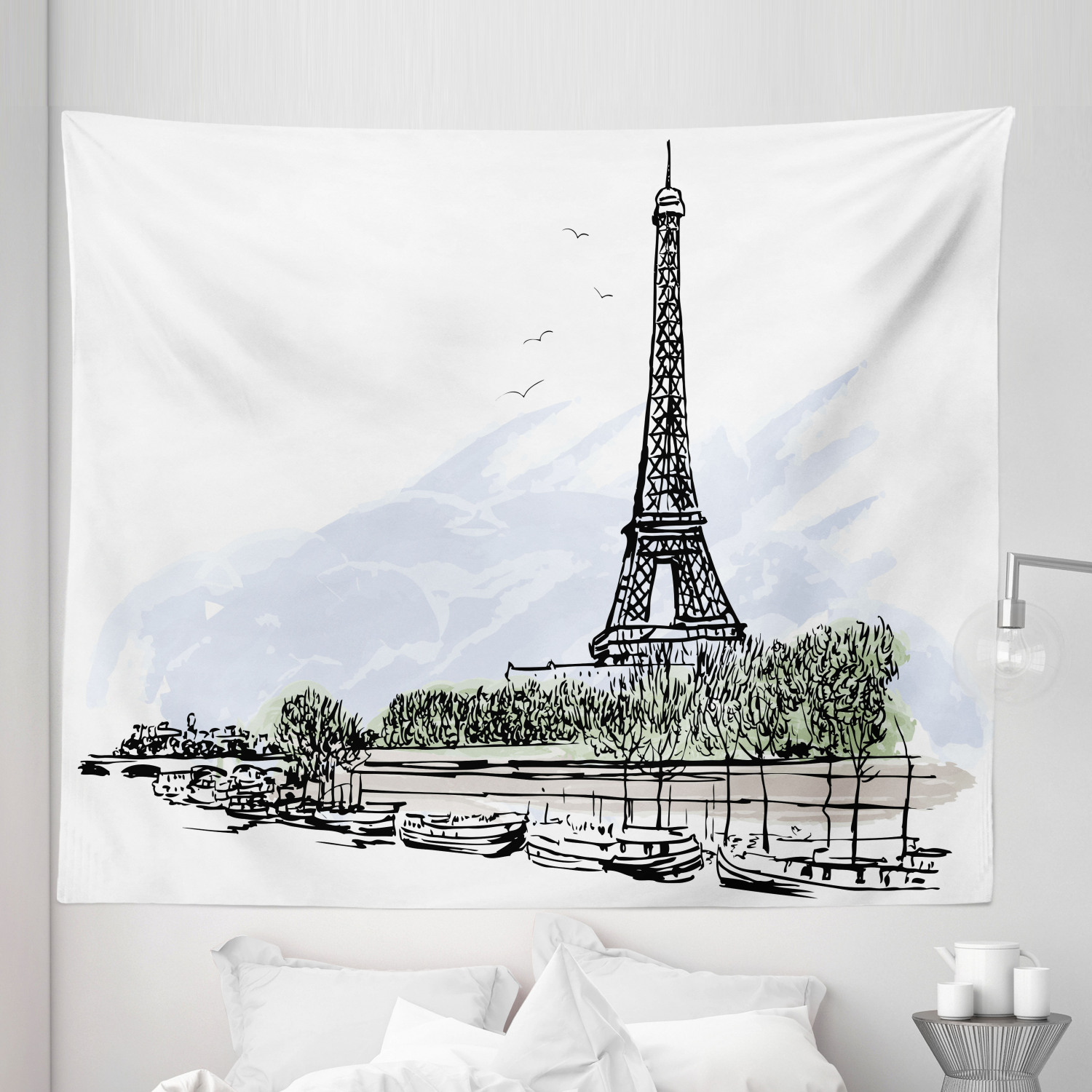 Paris Tapestry, Architecture Theme Illustration of Eiffel Tower Birds ...