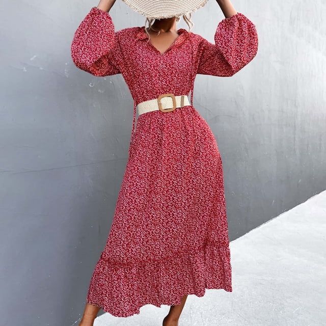 FcBaudy Jupes pour Femmes, Robes Midi pour Femmes, Robes d'Été pour Femmes Robe pour Femme Printemps/été à Lacets Col en V Robe Fleurie Ample Évasée Jupe Robe Femme