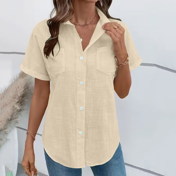 HongQid Women's Casual Short Sleeve Button Down Shirts Cotton Blouses V Neck Casual Tunics Solid Color Tops with Two Pockets