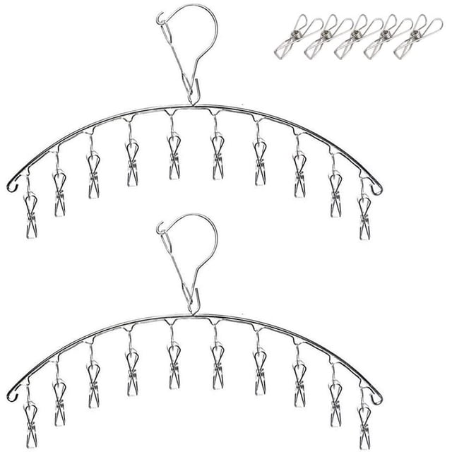 Tendedero de acero inoxidable Rawiri para ropa, percha para secar ropa, percha para goteo (10 pinzas, plateadas, paquete de 2)