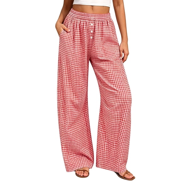 Lmnyox High Waist Pants for Women Wide Leg Lightweight Plaid Lounge Trousers Summer Travel Pants with Pockets