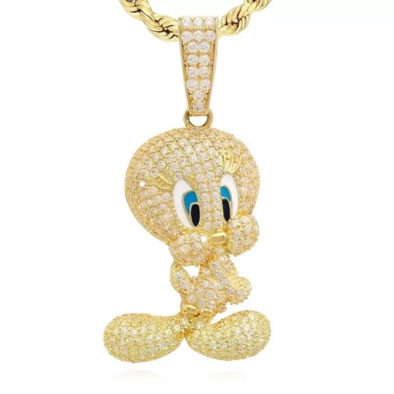 Round Cut Lab Created DIamond Tweety Bird Cartoon Charm Pendant 14k Yellow Gold Plated