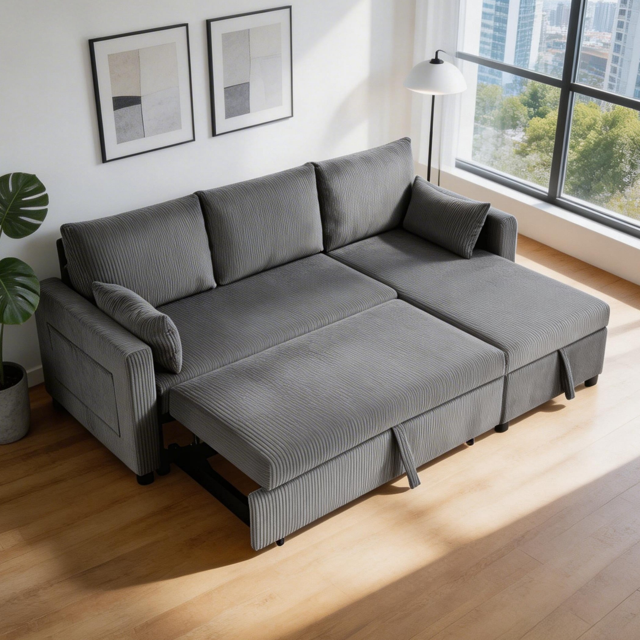 BSHTI 3-Seat Corduroy L-Shaped Pull-Out Sleeper Sofa Bed with Storage Chaise, Solid Wood Iron Frame for Living Room Apartment(Dark Gray)