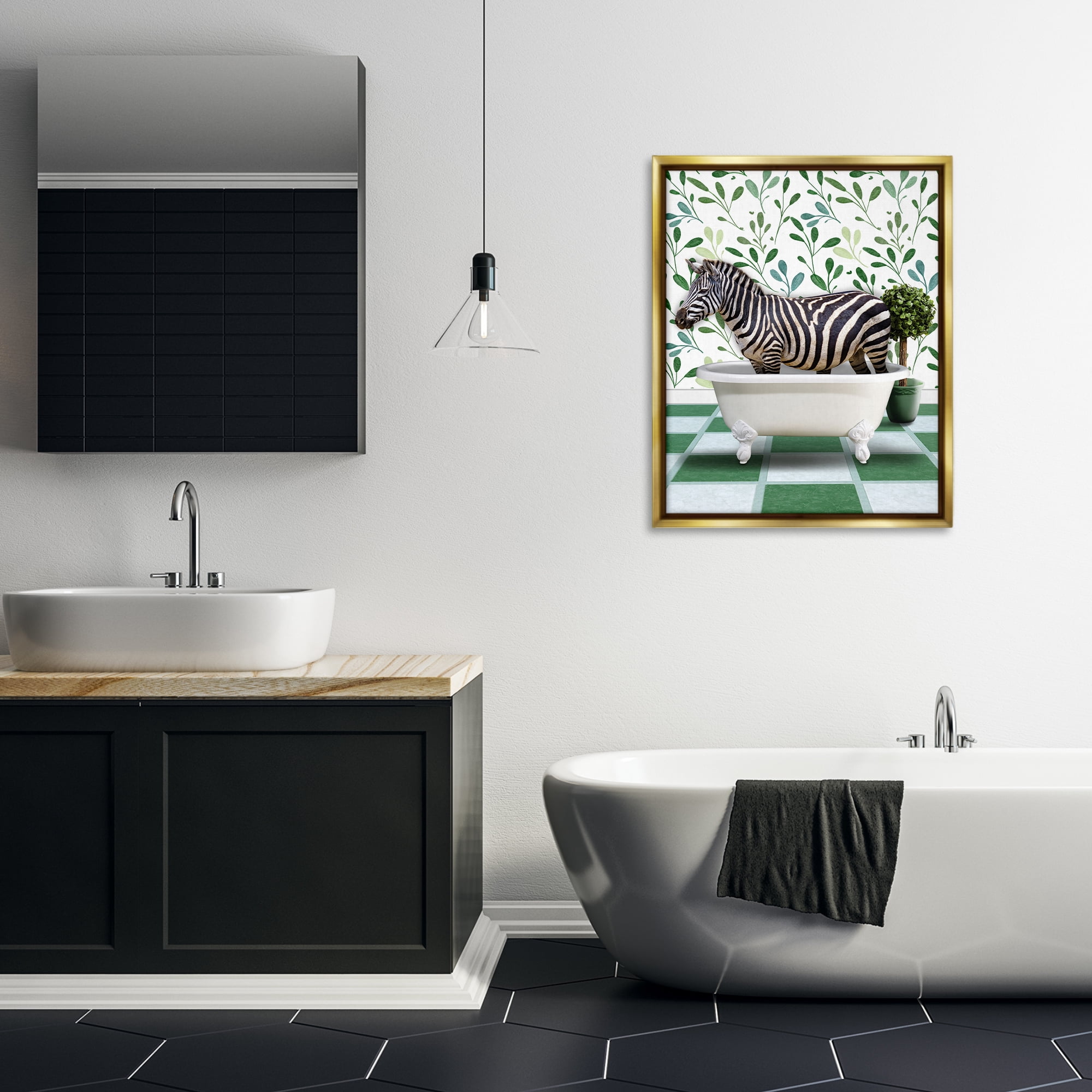 Stupell Industries Zebra in Green Bathroom Bath & Laundry Painting Gold Floater Framed Canvas Art Print Wall Art, 25 x 31