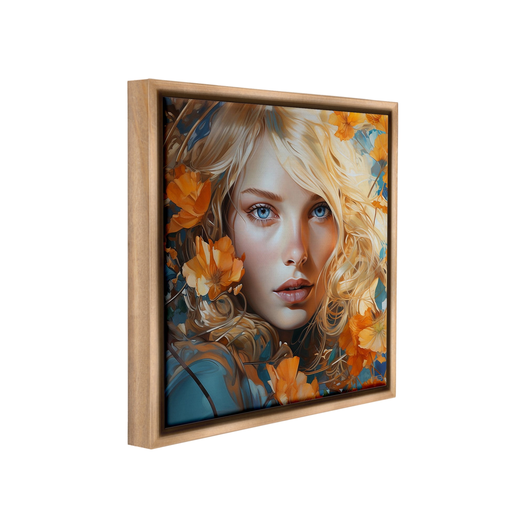 Stupell Industries Woman with Blue Gaze Botanical & Floral Painting Brown Floater Framed Canvas Art Print Wall Art, 18 x 18