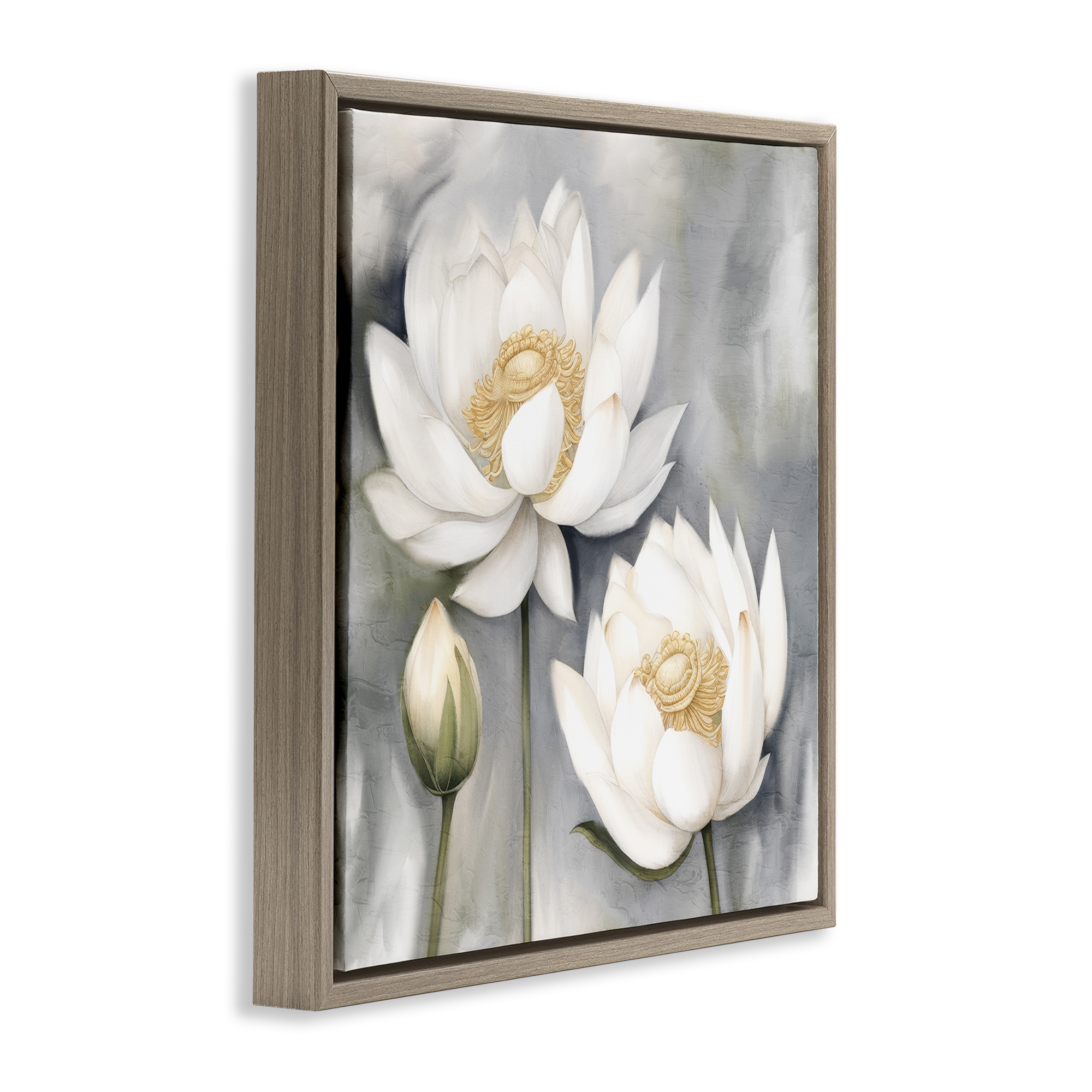 Stupell Industries White Lotuses on Grey Plants & Flowers Painting Brown Floater Framed Canvas Art Print Wall Art, 25 x 25