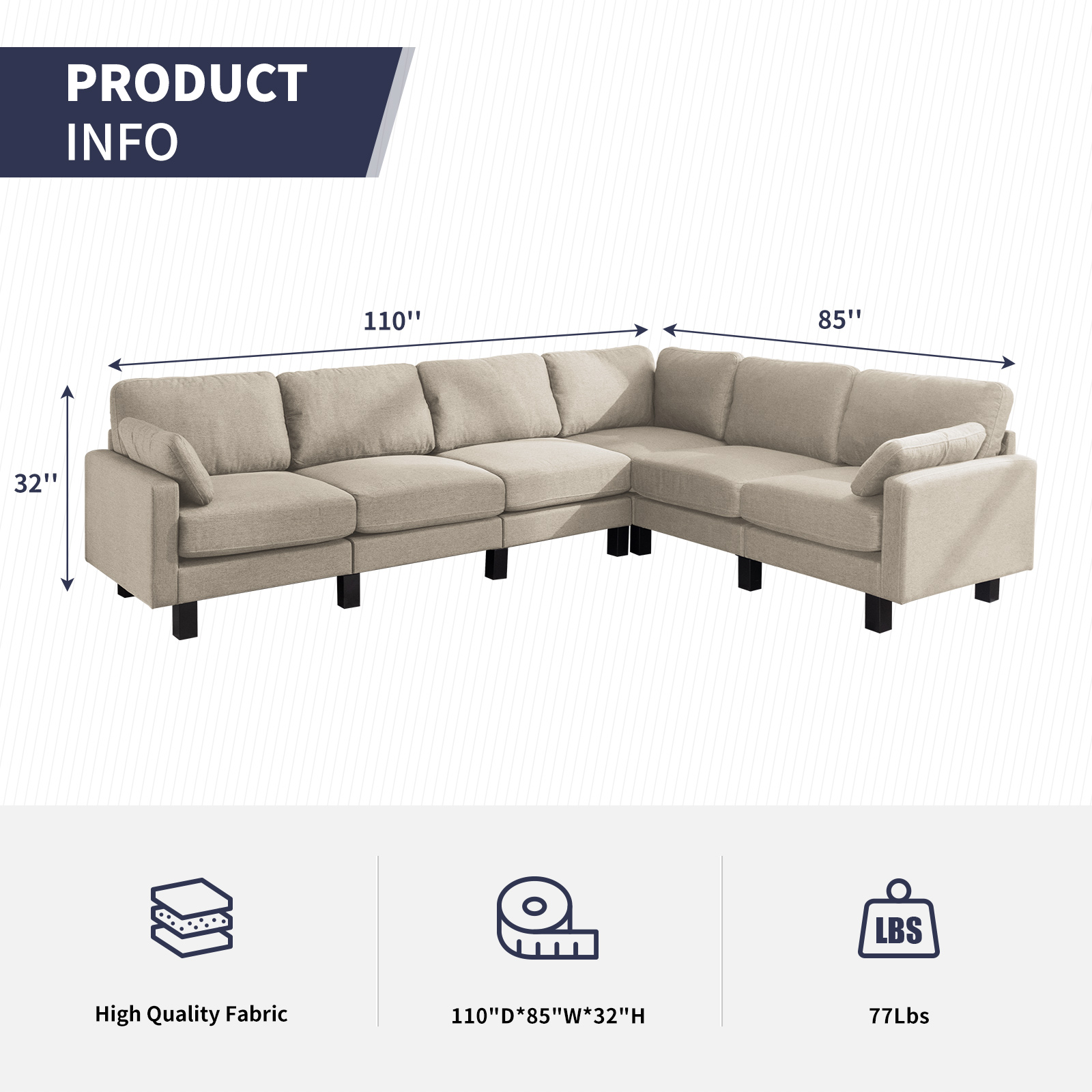 ijuicy L Shaped Sectional Sofa, 6 Seater Corner Modular Sofa, Living Room Furniture Sets - Beige