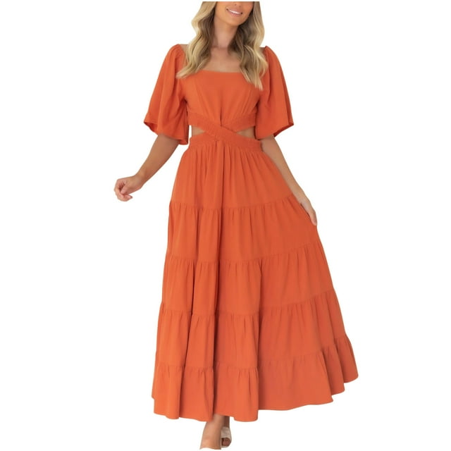 Robes d'Été pour Femmes Taille Ouverte Col Carré Élastique Vintage Longue Maxi Robe Sans Manches de Plage