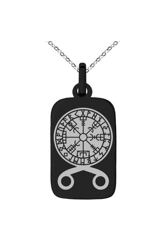 Stainless Steel Binding Vegvisir Troll Cross Runic Viking Engraved Small Rectangle Dog Tag Charm Pendant Necklace