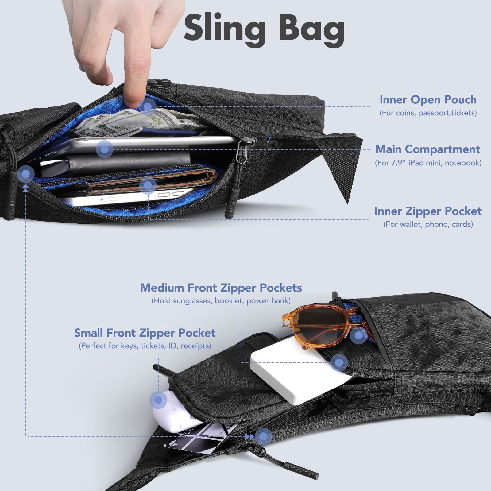 HEROIC KNIGHT Sling Bag for Men Women, Waterproof & Lightweight Crossbody Bag with Multiple Pockets for Casual Travel Sport Hiking, Black