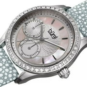 Womens Quartz Multifunction Crystal Leather Gray Strap Watch