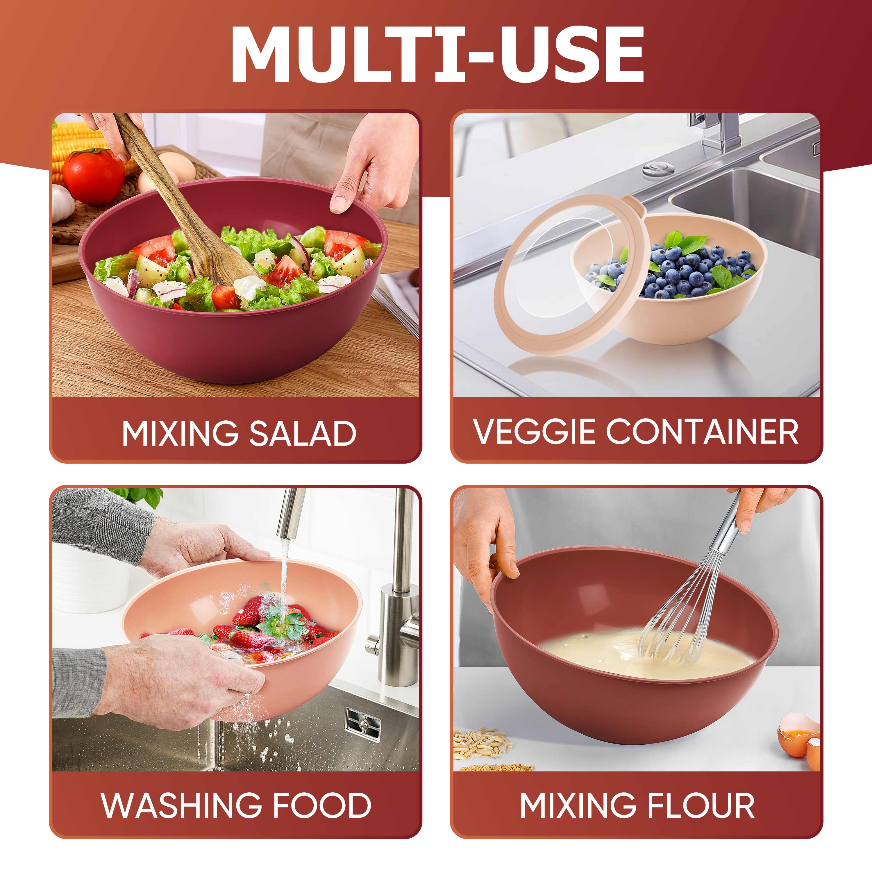 Vesteel 6-Piece Mixing Bowl Set With Lids, Red photo 3