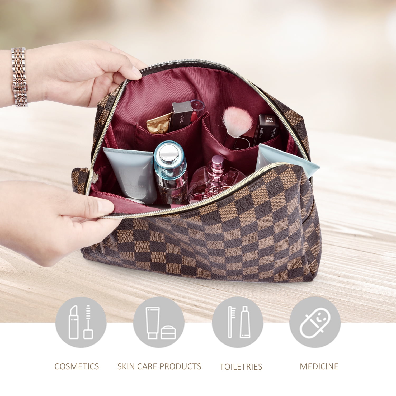 1pc Checkerboard Brown Large Capacity Portable Fabric Makeup Bag