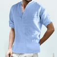 thumbnail image 3 of Men's Linen Roll Up Long Sleeve Shirt Cotton Casual Beach Shirts Henley T-Shirt Solid Band Collar Vacation Tops, 3 of 6