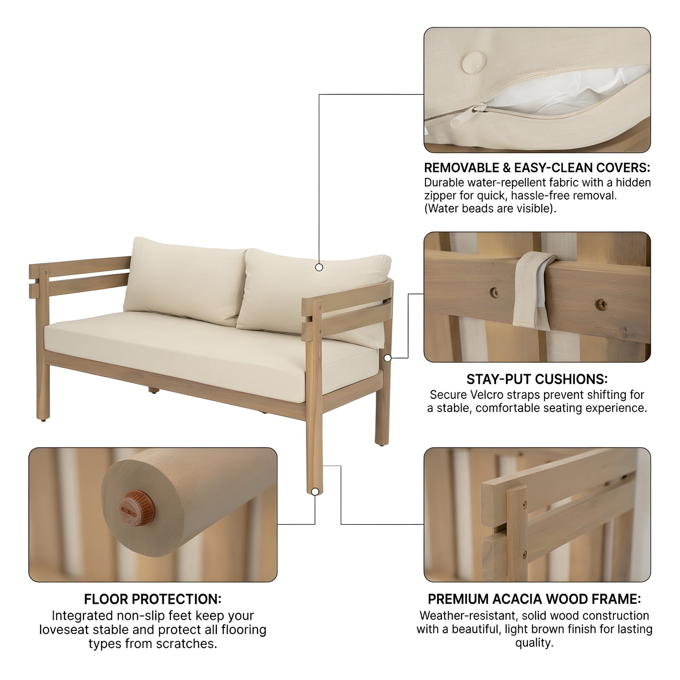 Christopher Knight Home 2-Piece Wood Patio Loveseat and Table Set with Cushions, Light Brown+Beige