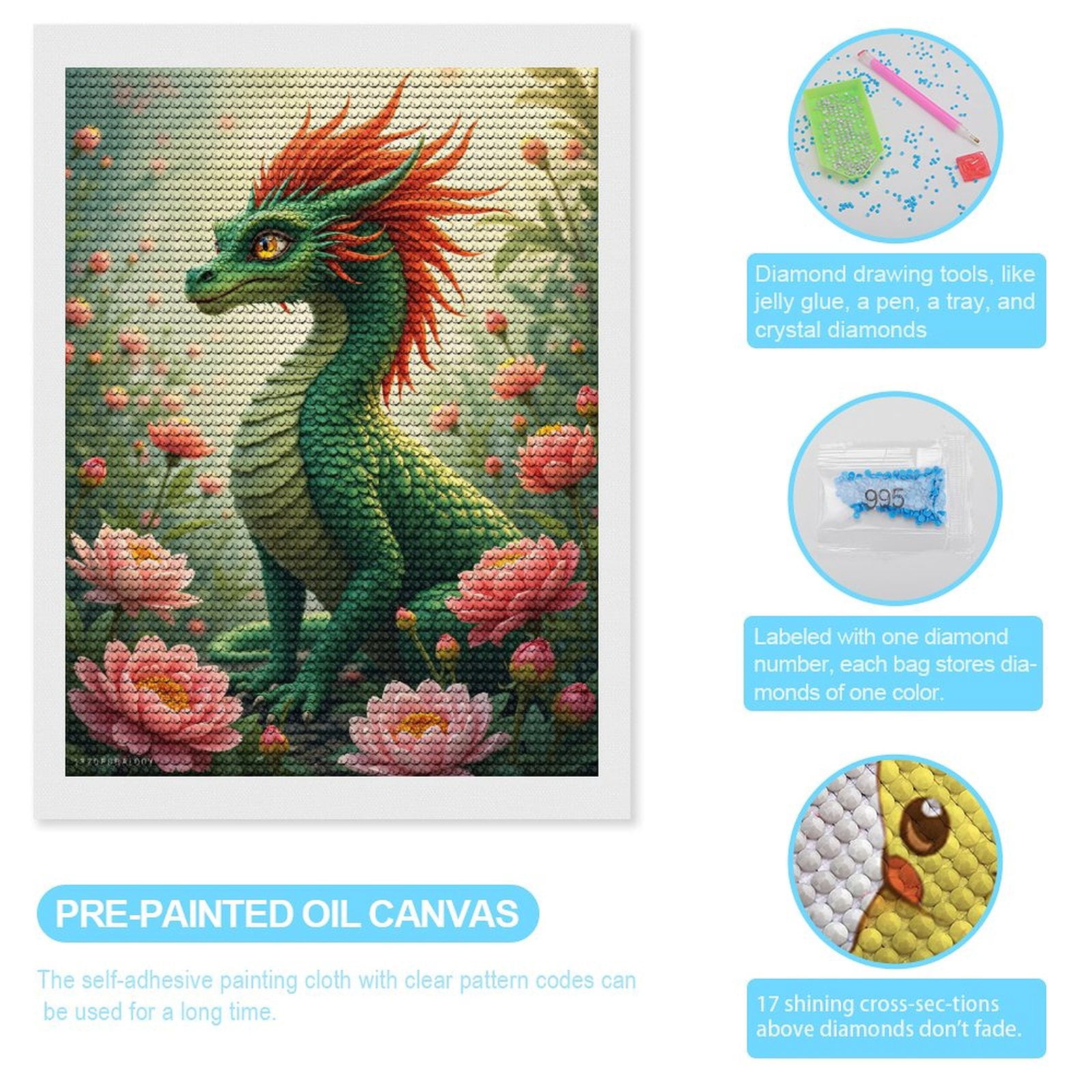 Diamond Art Kits for Adults, Green Scaled Dragon In Flower Garden 5D Diamond Painting Kits for Adults Beginners, DIY Full Drill Diamond Painting, Gem Art and Crafts 12x16