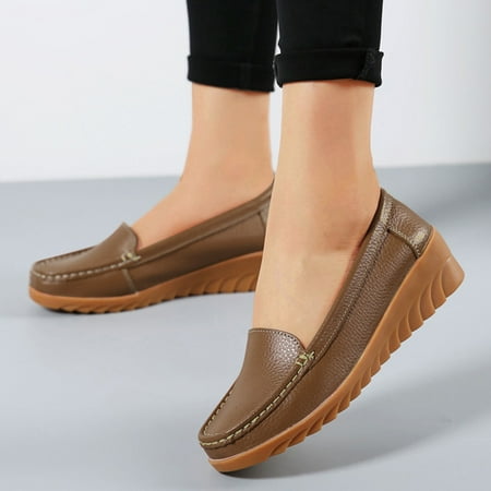 

Cathalem Womens Comfort Walking Flat Loafer Slip On Leather Loafer Comfortable Flat Shoes Outdoor Size 8 Sandals Women Wedge Khaki 7.5
