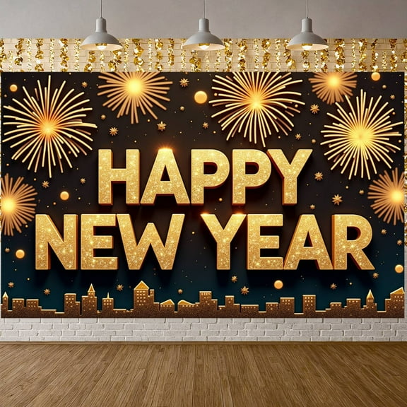 Golden Theme Happy New Year Banner Firework Design New Year Display City Sparkling Letters Festive Backdrop for New Year Party Holiday Celebration Eve Gathering
