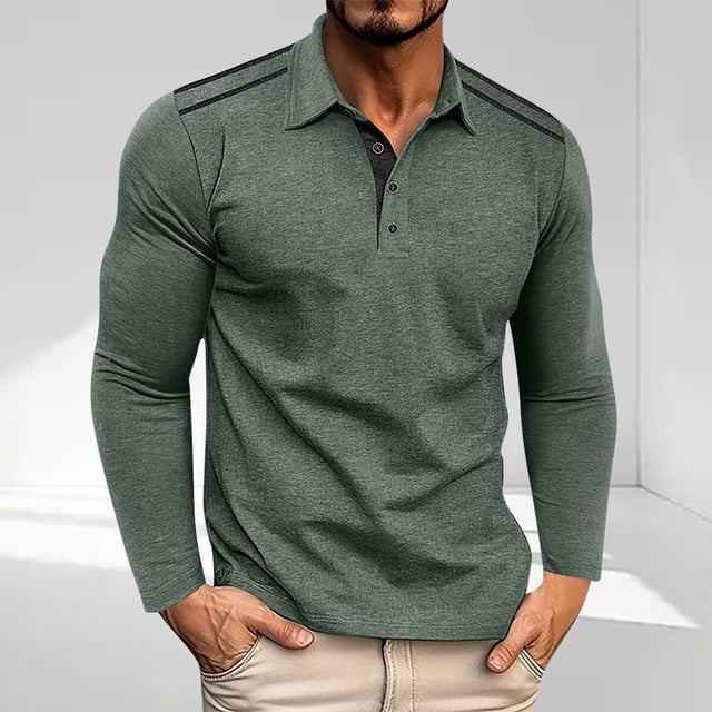 pstuiky camisa de manga larga para hombre, Camiseta deportiva informal, versátil y de color liso con botones y solapa de manga larga para hombre camisetas de hombre xxl