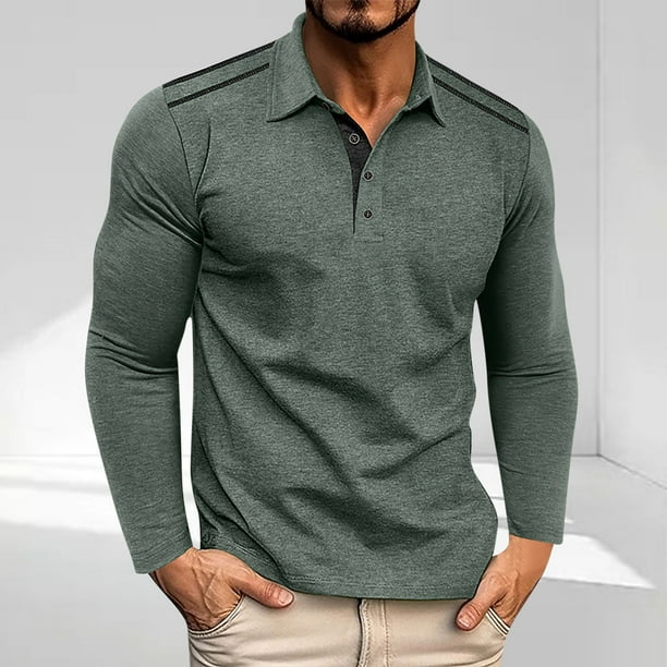 pstuiky Camisas de invierno de manga larga para hombre, Camiseta deportiva informal, versátil y de color liso con botones y solapa de manga larga para hombre Tops de talla grande para hombre xl