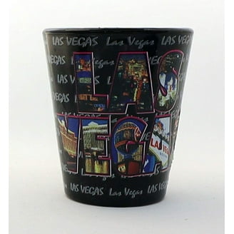 Las Vegas Nevada Souvenir Shot Glass – Blue And Gold Letters Collage Design, 2.25" Tall, Collector's Item