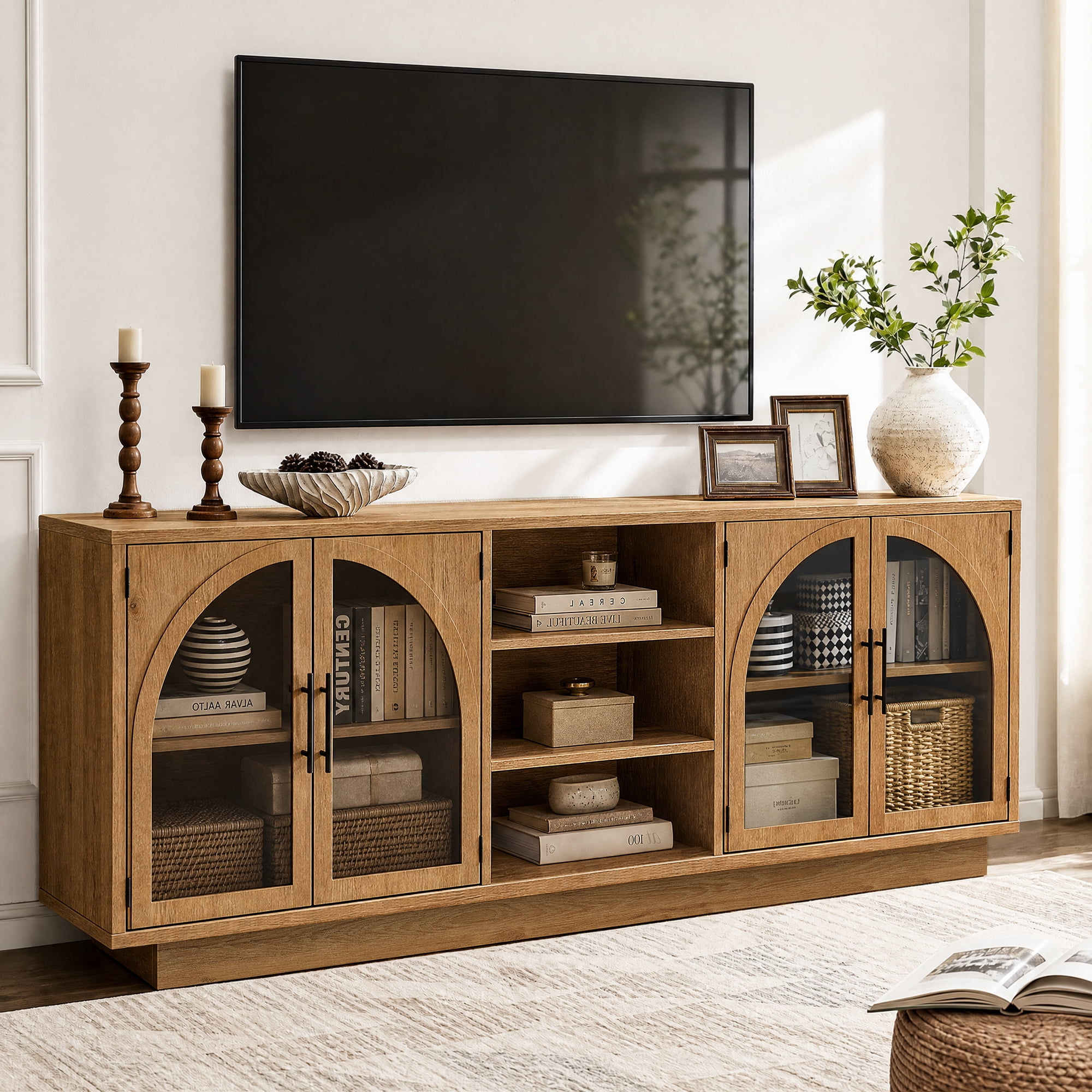 GUNAITO TV Stand for TVs up to 70", Modern entertainment center with storage functionality, Glass Door TV Stand for living room, Oak
