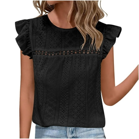Mittory Womens Summer Short Sleeve Lace Hollow Out Crochet Blouses Flowy Babydoll Dressy Casual Work Tops