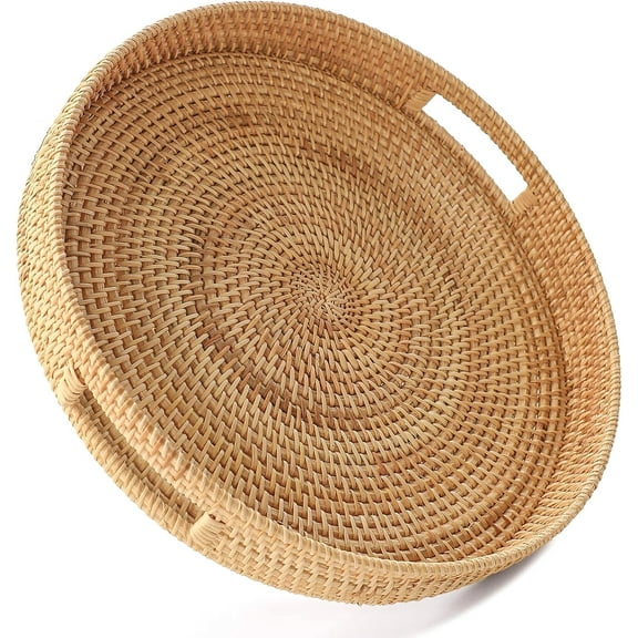 11.8" Hand-Woven Round Rattan Serving Tray Decorative Wicker Trays with Handles for Coffee Table (Natural-M)