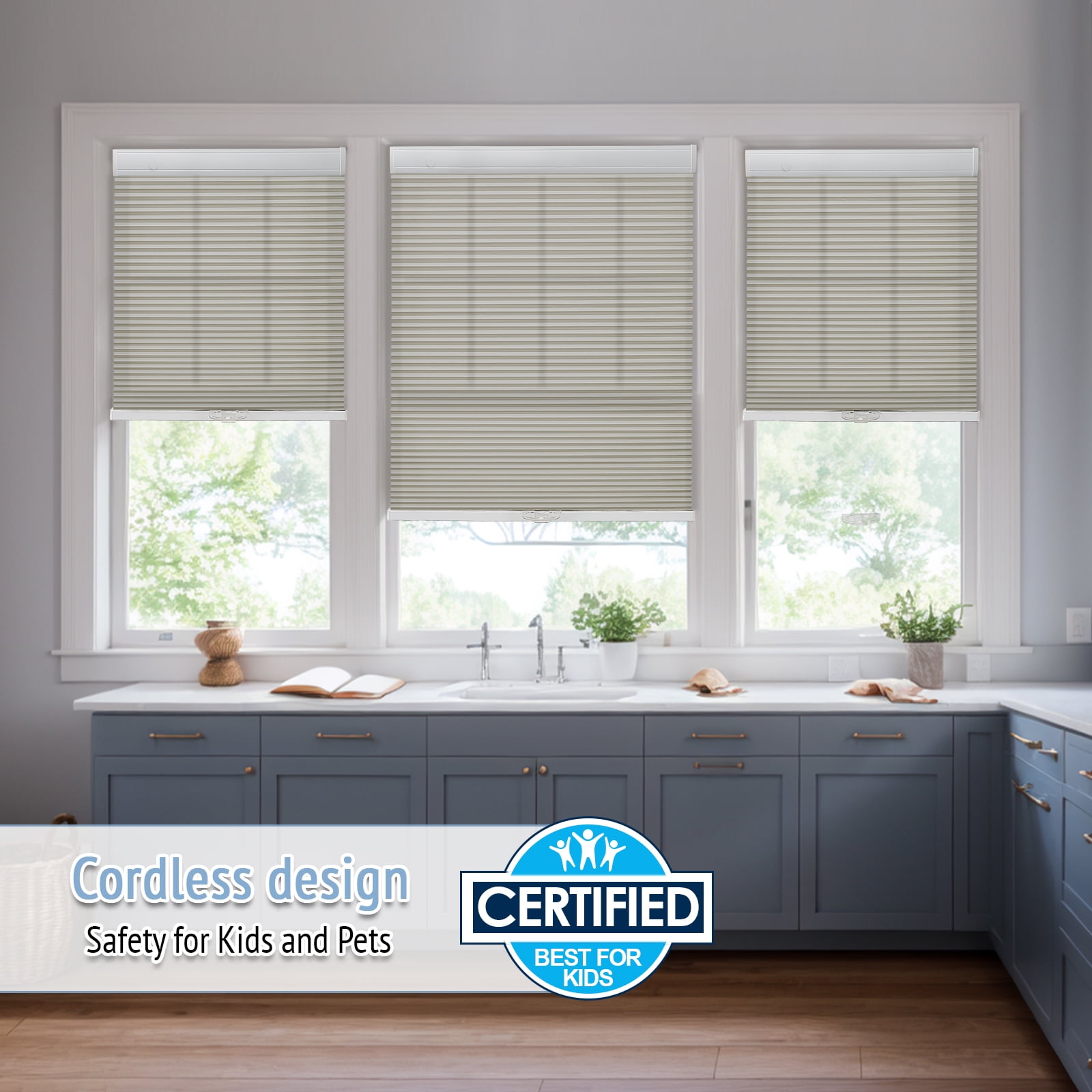 Keego New Upgraded No Drill Cordless Cellular Shades Light Filtering Honeycomb Blinds Easy Installation Heat Insulating Noise Reducing Window Shades, Light Filtering - Fog, 22"W x 56"H