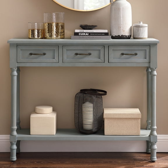 Distressed Blue Entryway Console Table with 3 drawers