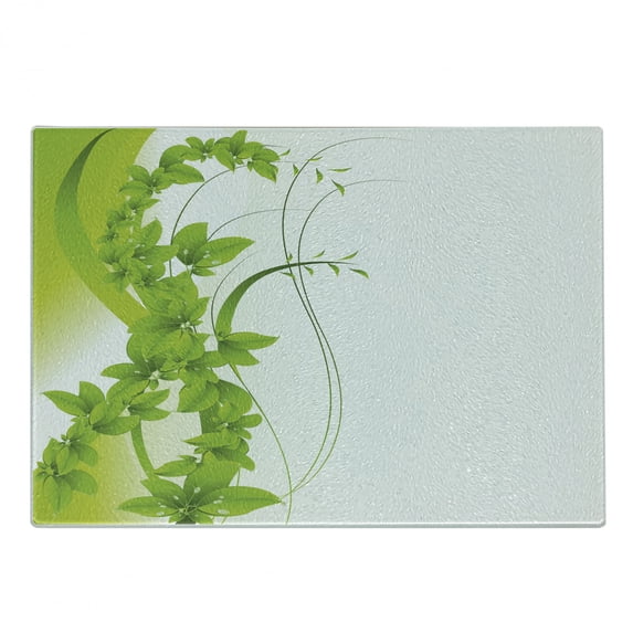 Green Cutting Board, Blossoming Flowers Natural Fantasy Theme Abstract Botanical Garden Design, Decorative Tempered Glass Cutting and Serving Board, Small Size, Apple Green White, by Ambesonne