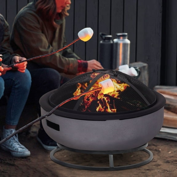 Afterglow Round Terrafab Wood Burning Fire Pit with Safe Spark Screen and Poker, Light Gray