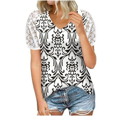 

Womens Tops Corset Tops for Women Women Casual V-Neck Print Pullover Mesh Splice Hollow Out Short Sleeve Blouse T-shirt Tops White Long Sleeve Shirts for Women Clearance Valentine Shirts White L