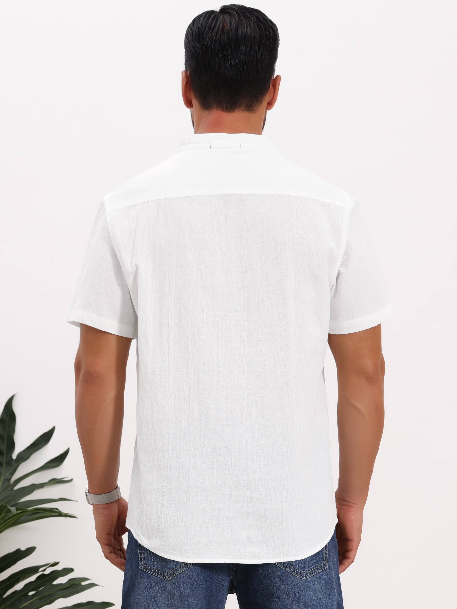 DARING DIVA Men's Casual Henley Band Collar Short Sleeve Summer Linen Shirts XL White