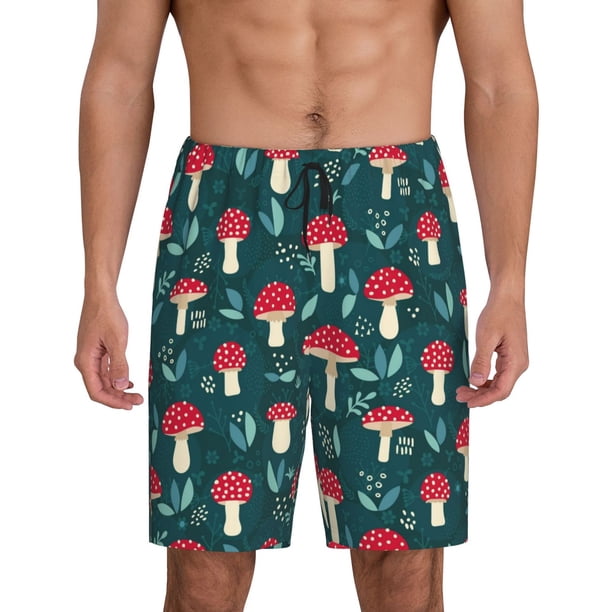 Balery Amanita Mushroom Pantalones cortos de pijama de punto de algodón para hombre con cinturilla y bolsillos-Large