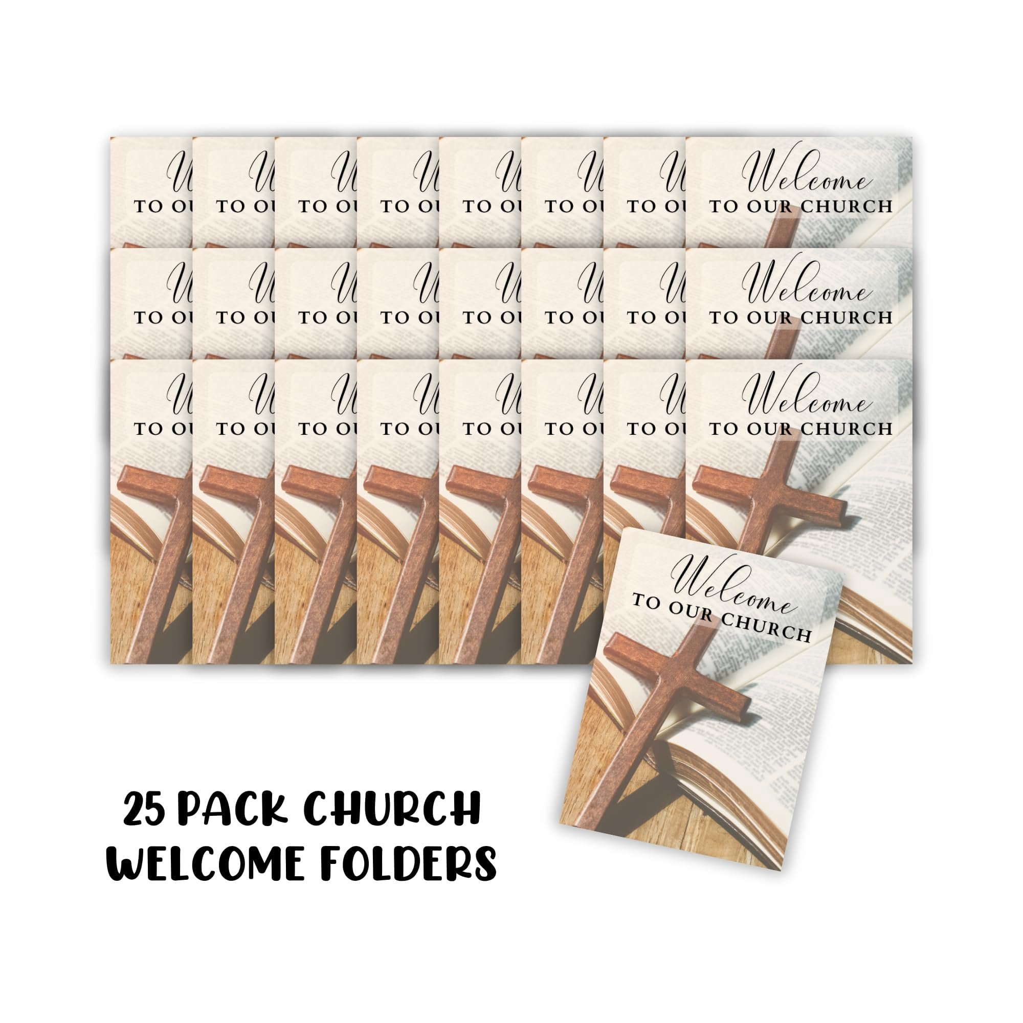 Welcome to Our Church Folders  25 pk 9x12 Full Size  2 Pocket Christian Visitor Gathering Folders, New Member Welcome Folder Wooden Cross