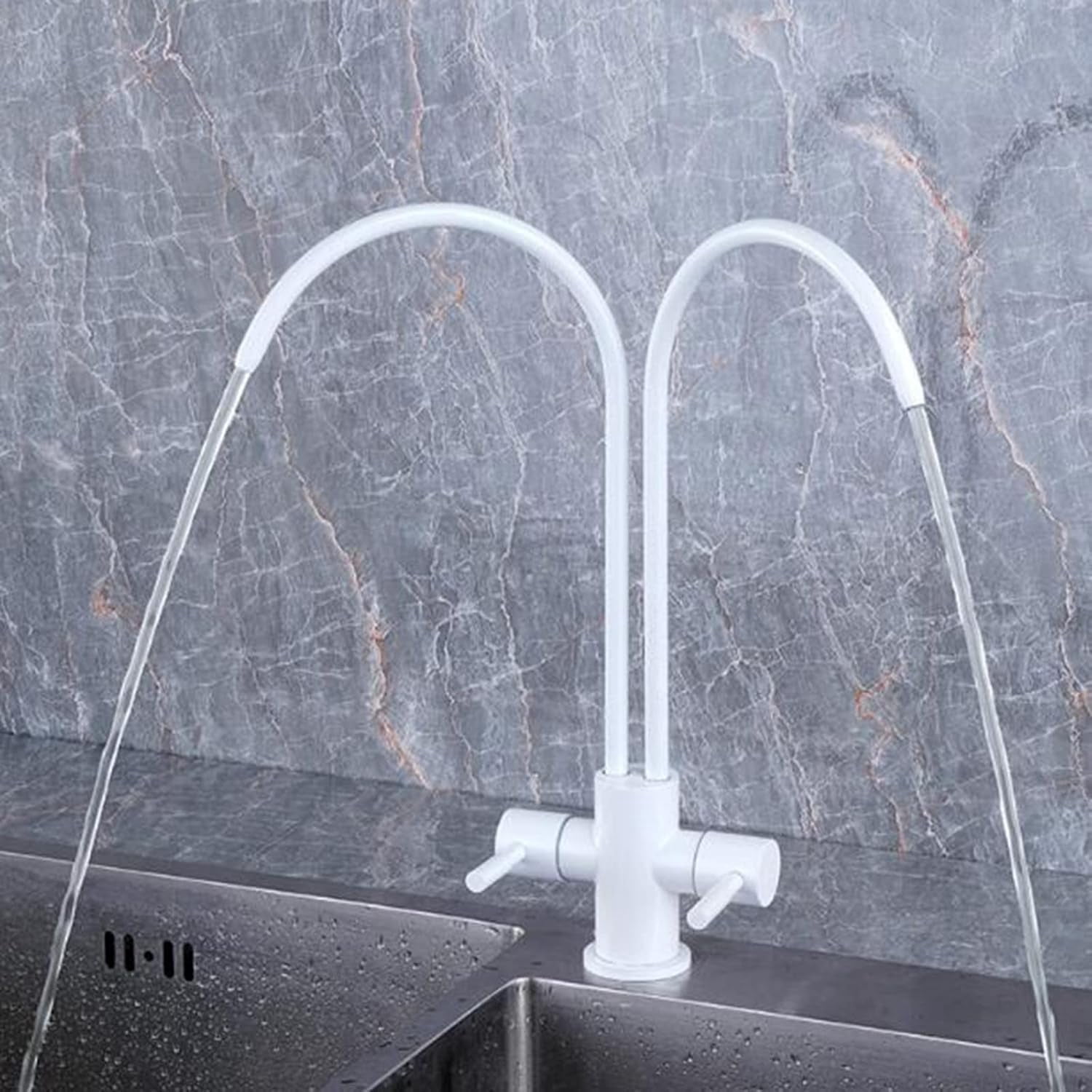 Kitchen Faucet Water Filter White Stainless Steel Swivel Double Tube Double Outlet Water Purifier