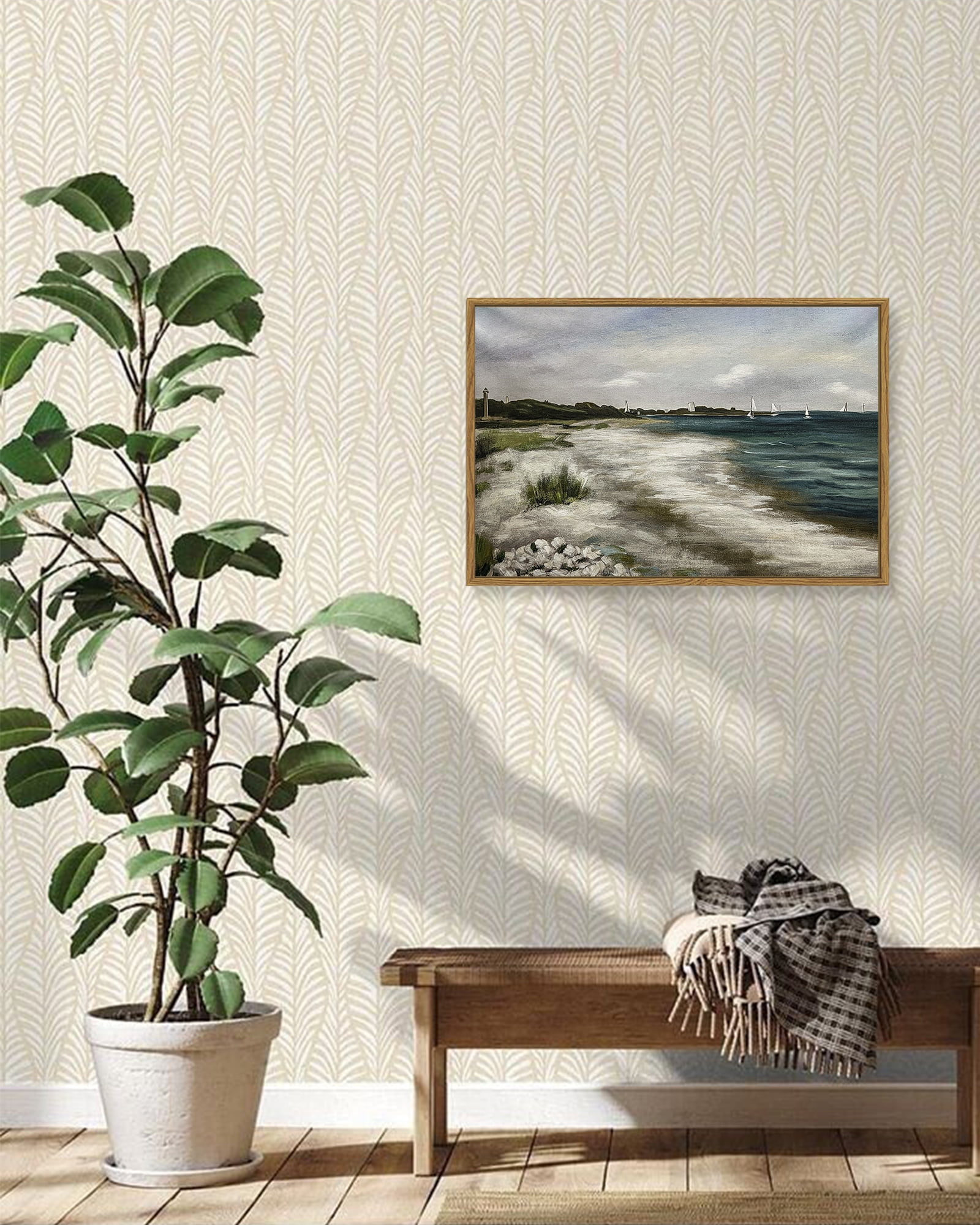 Drsoum 16x24in Coastal Wall Art Vintage Classical Ocean Painting Rural Hallway Bedroom Living Room Farmhouse Room Decor - Natural Framed