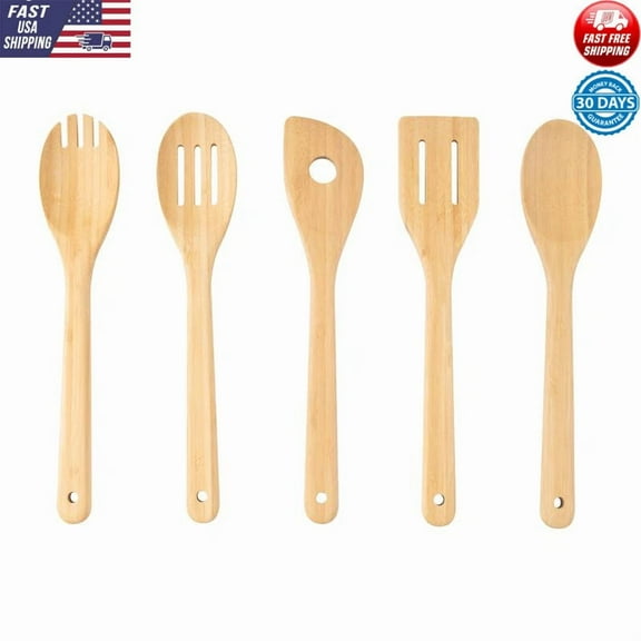 100% Natural Bamboo Kitchen Utensil Set 5 Pieces Eco-Friendly Cooking Tools New