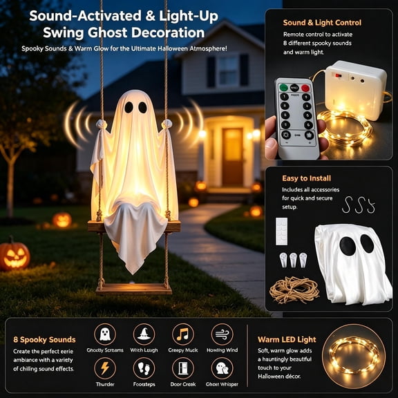 Remote Control Animated Swinging Hanging Ghost Halloween Decor, 8 Modes Warm LED Light Creepy Sound Fabric Ghost Ornament, Easy Hang Spooky Prop For Tree Indoor Outdoor Halloween Decorations
