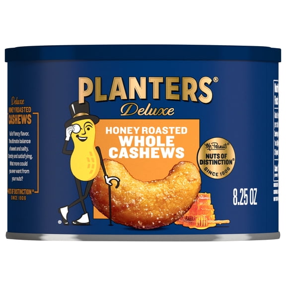 PLANTERS Deluxe Honey Roasted Whole Cashews, Sweet and Salty Snacks, Plant Based Protein 8.25 oz Can