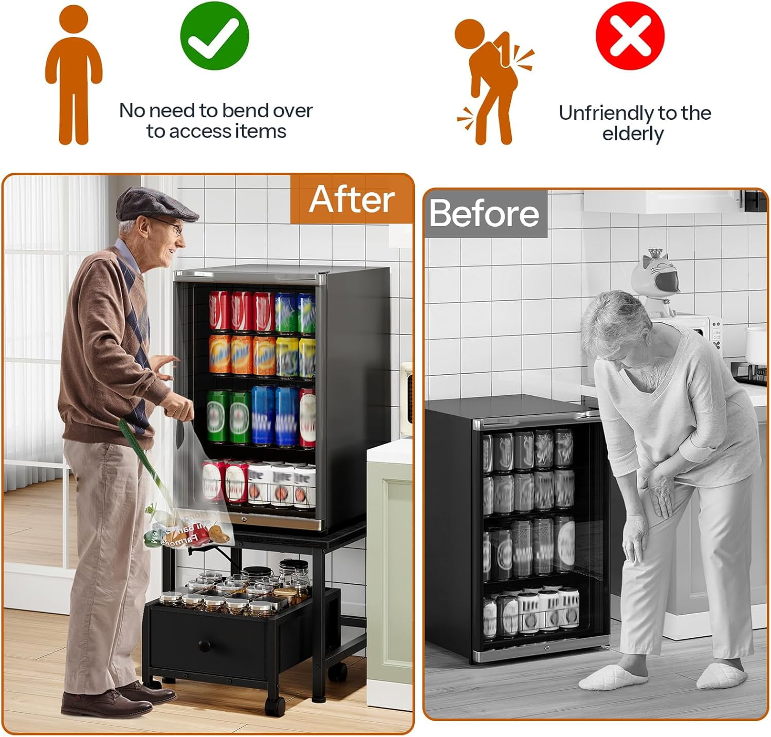 Mini Fridge Stand with Non-Woven Storage Basket and Power Outlet, Mobile Fridge Shelf for Home Apartment Dorm Black