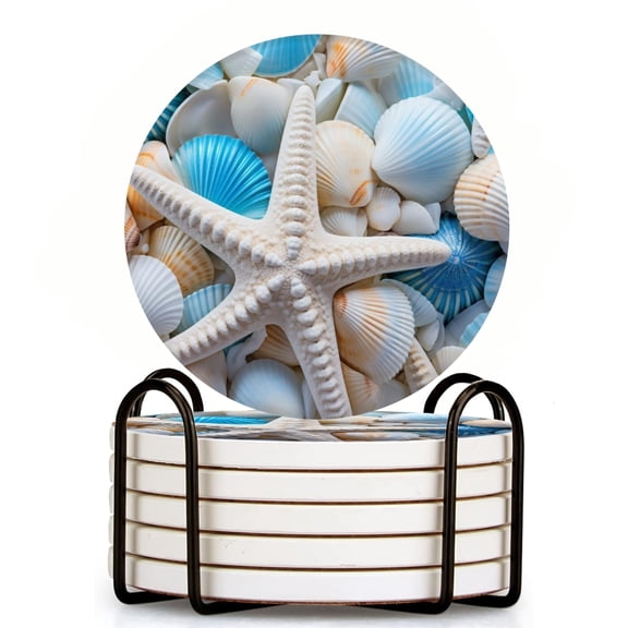 Bahomeck Drink Coasters Set Of 6 With Holder White And Blue Seashells With Starfish Scattered Water Absorbent Ceramic Coasters Tabletop Protection,Suitable For Various Cup,Home Decor